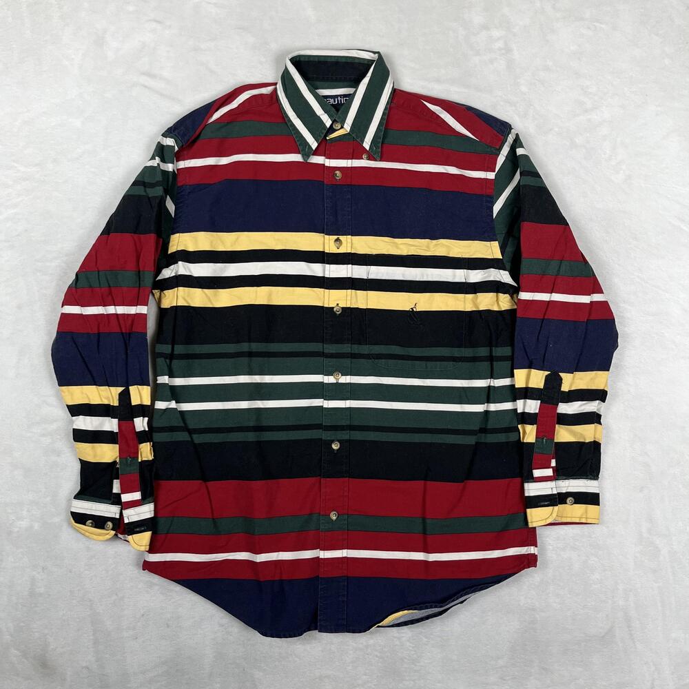 Vintage Nautica Long Sleeve Button Front Shirt Mens S Multicolor Striped 90s